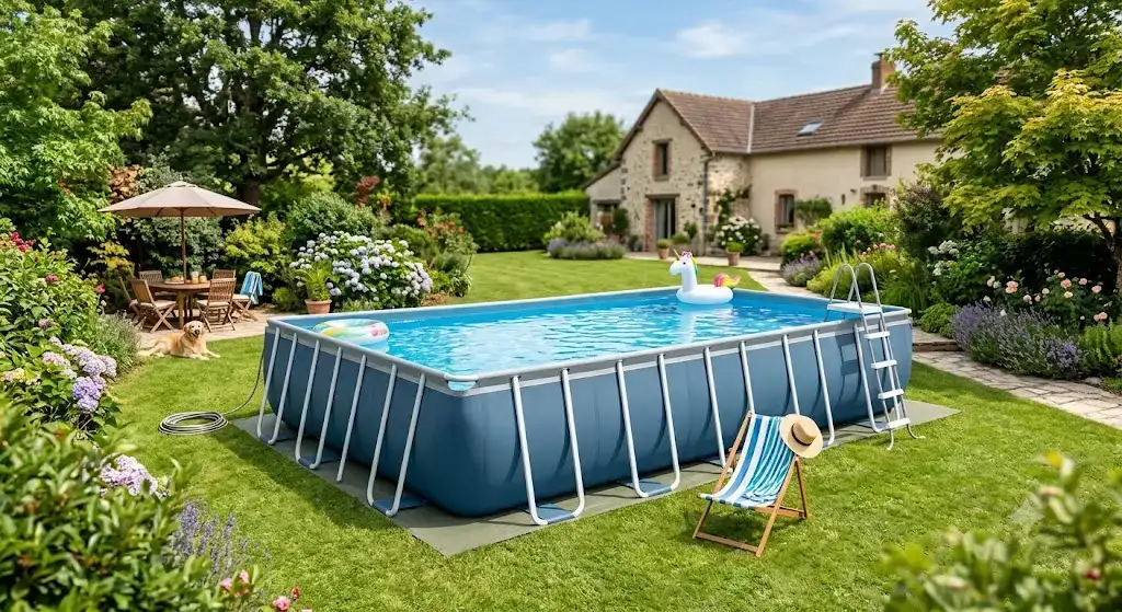 Grande piscine tubulaire rectangulaire installée sur la pelouse d'un jardin familial en été