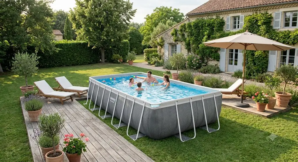 Piscine tubulaire Bestway installée dans le jardin d'une maison familiale avec chaises longues