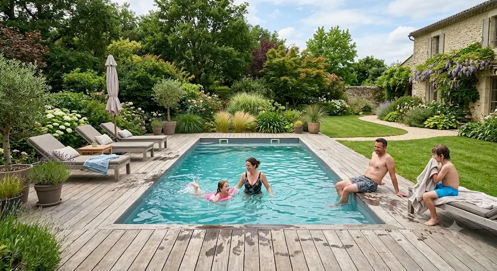 Vue d'ensemble d'une piscine familiale 6m installée dans un jardin avec terrasse en bois