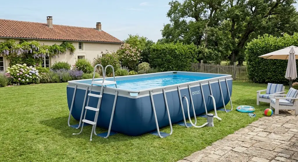 Grande piscine Intex tubulaire rectangulaire installée dans un jardin familial