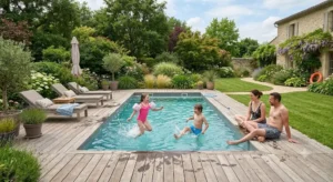 Enfants qui jouent en sécurité dans une piscine familiale 6m sous la surveillance des parents