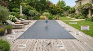Bâche de protection et de sécurité posée sur une piscine familiale 6m