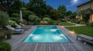 Projecteurs LED nocturnes illuminant une piscine familiale 6m