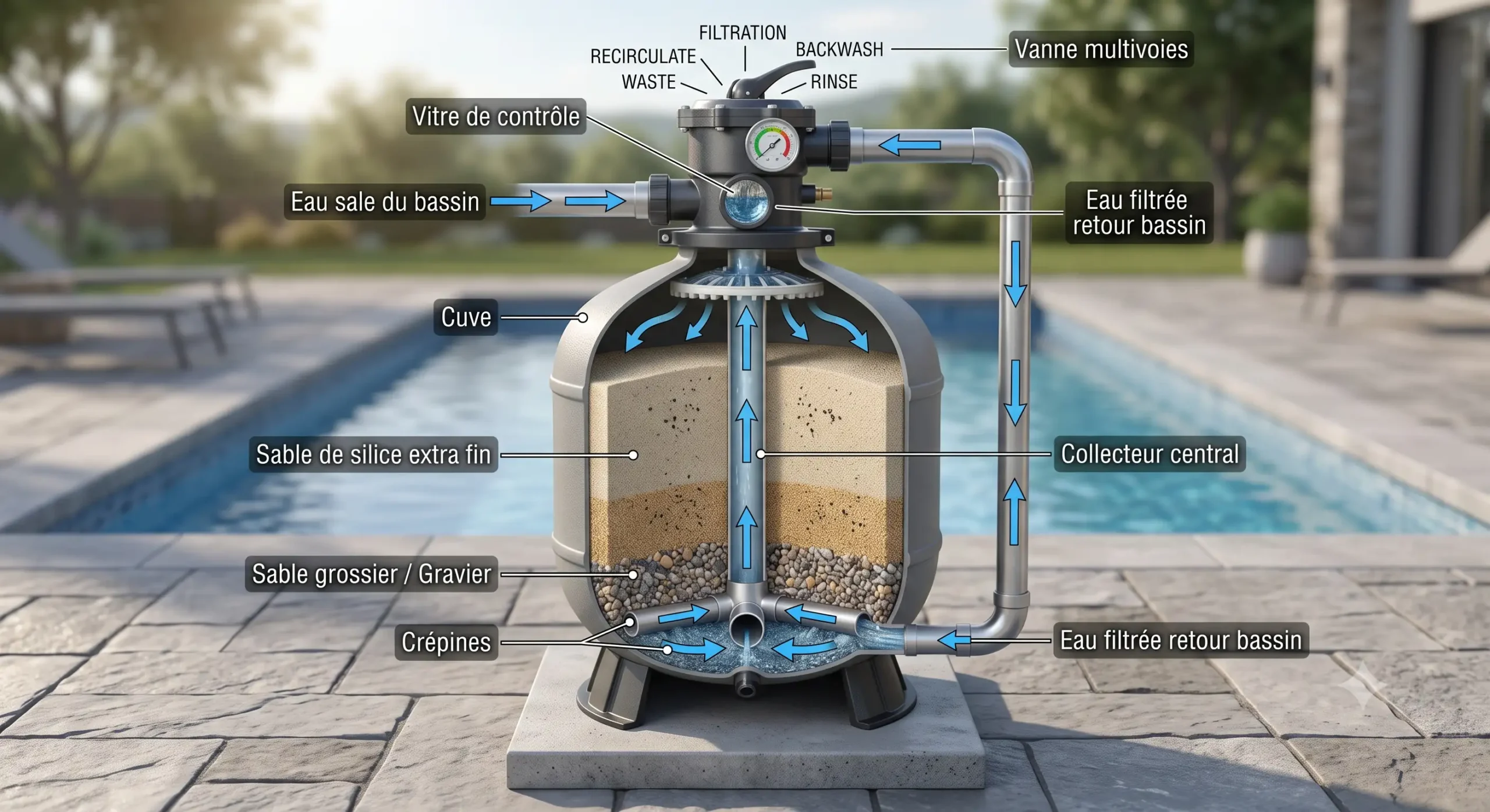 Schéma explicatif du principe de fonctionnement d'un filtre à filtre à sable piscine montrant la circulation de l'eau.