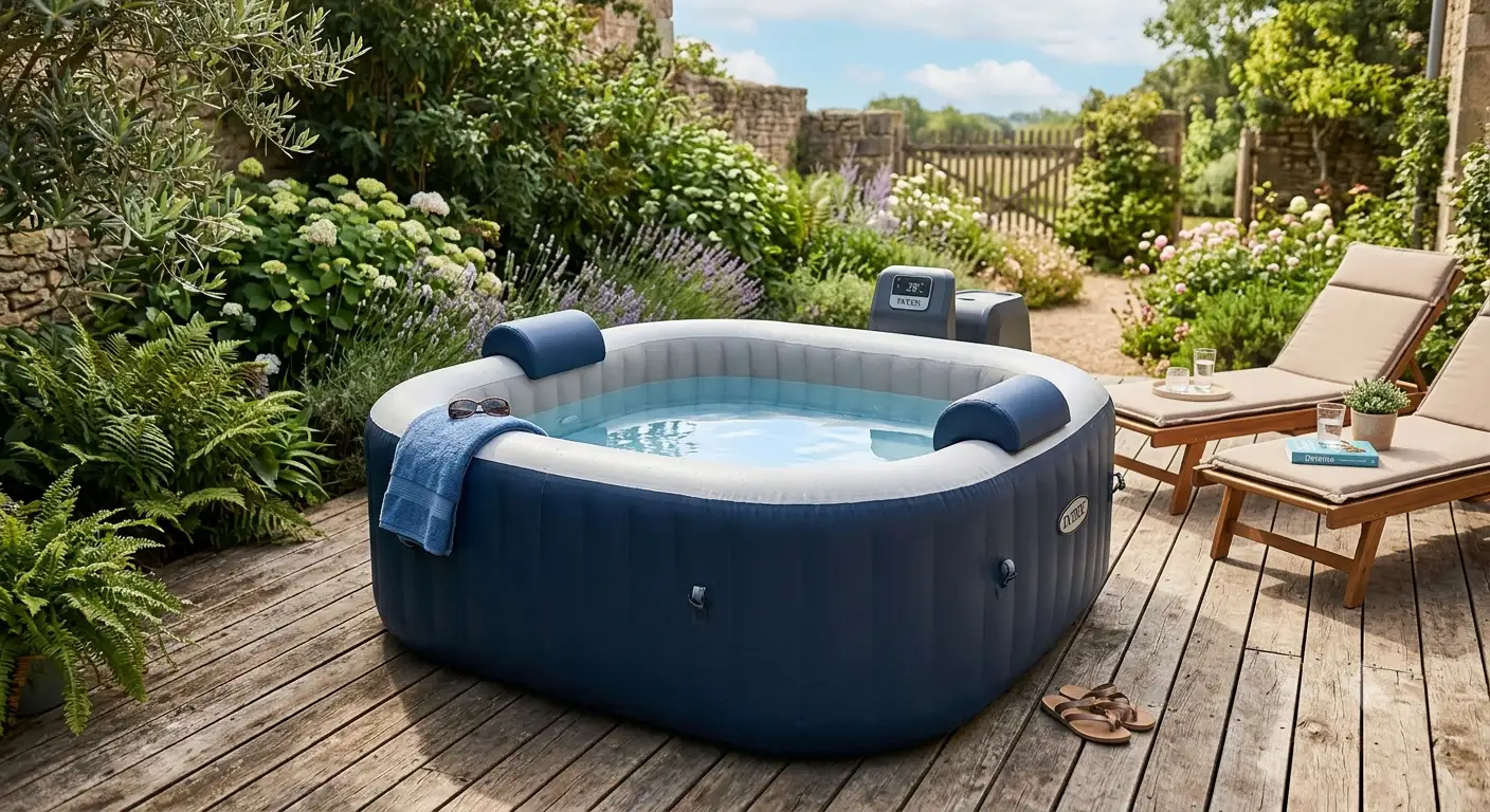 Spa Intex PureSpa gonflable 4 places installé sur une terrasse en bois