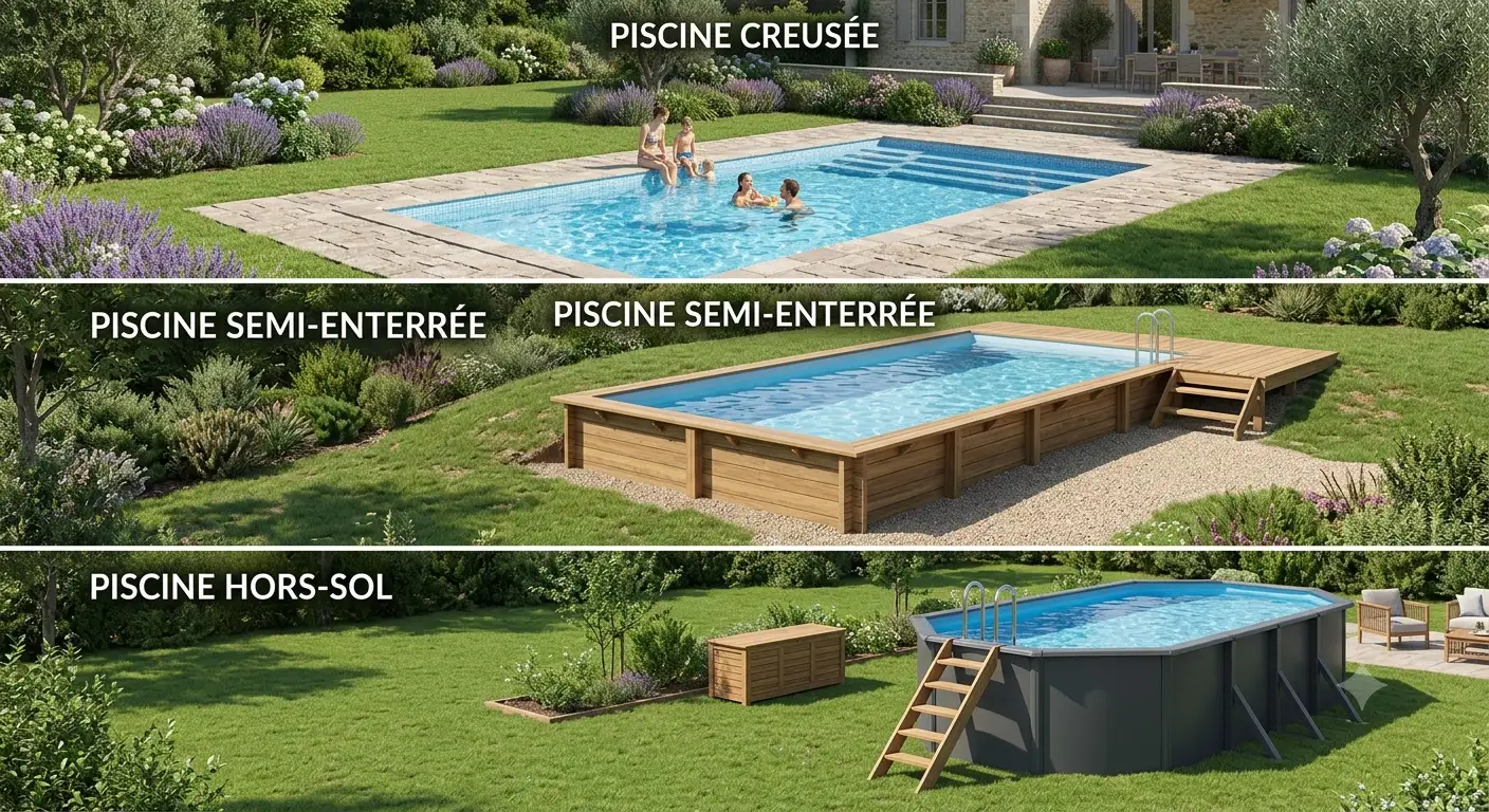 Comparatif visuel entre piscine enterrée, semi-enterrée et modèle hors-sol pour vous aider à bien choisir. comment choisir sa piscine