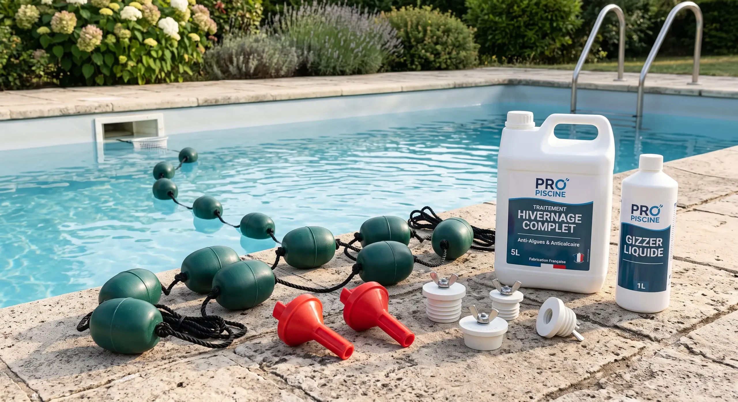kit hivernage piscine comprenant flotteurs, bouchons d'hivernage, gizzers et produit de traitement.