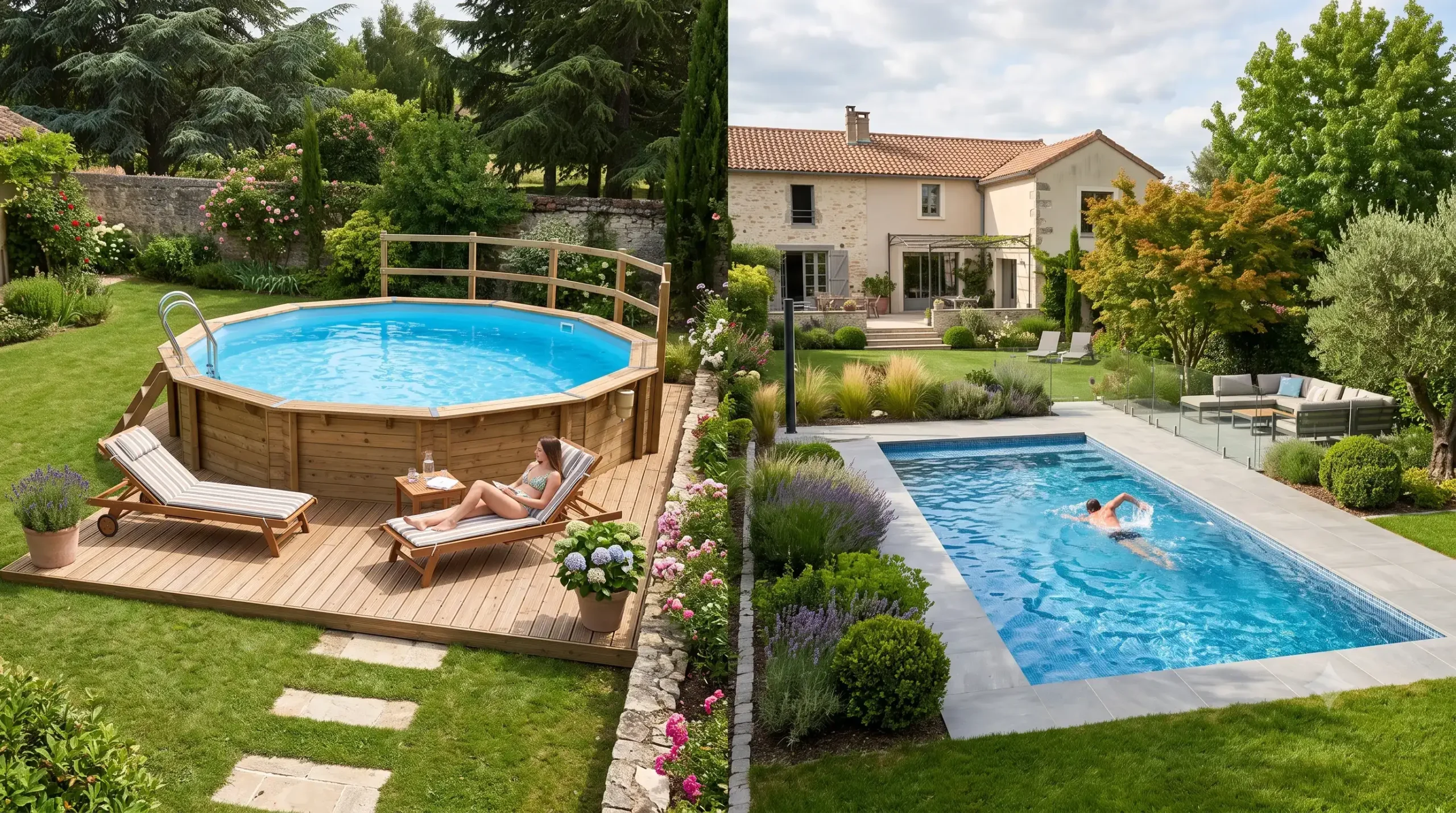 Comparatif visuel entre une piscine hors sol en bois et une piscine enterrée contemporaine dans un jardin paysager (piscine hors sol ou enterrée)