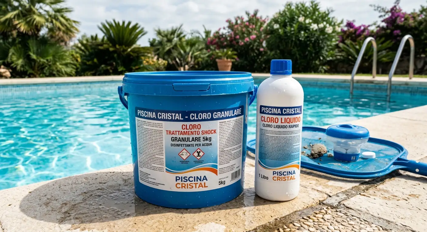 Barattolo di cloro per piscina aperto a bordo vasca con acqua limpida e cristallina sotto la luce naturale del sole