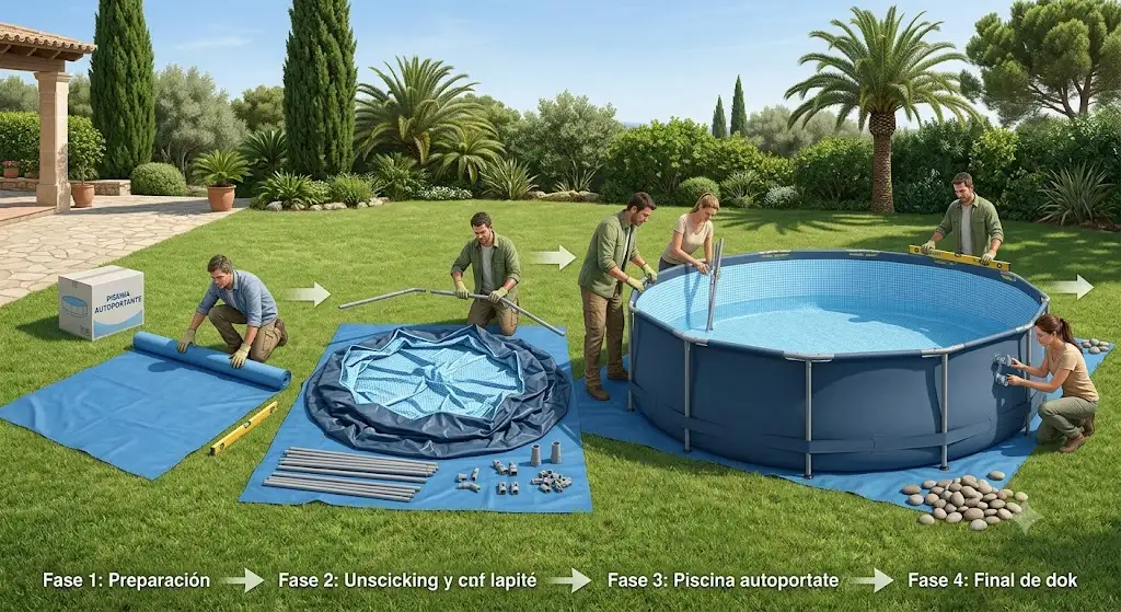 Guida illustrata ai passaggi per il montaggio semplice di una piscina autoportante in giardino