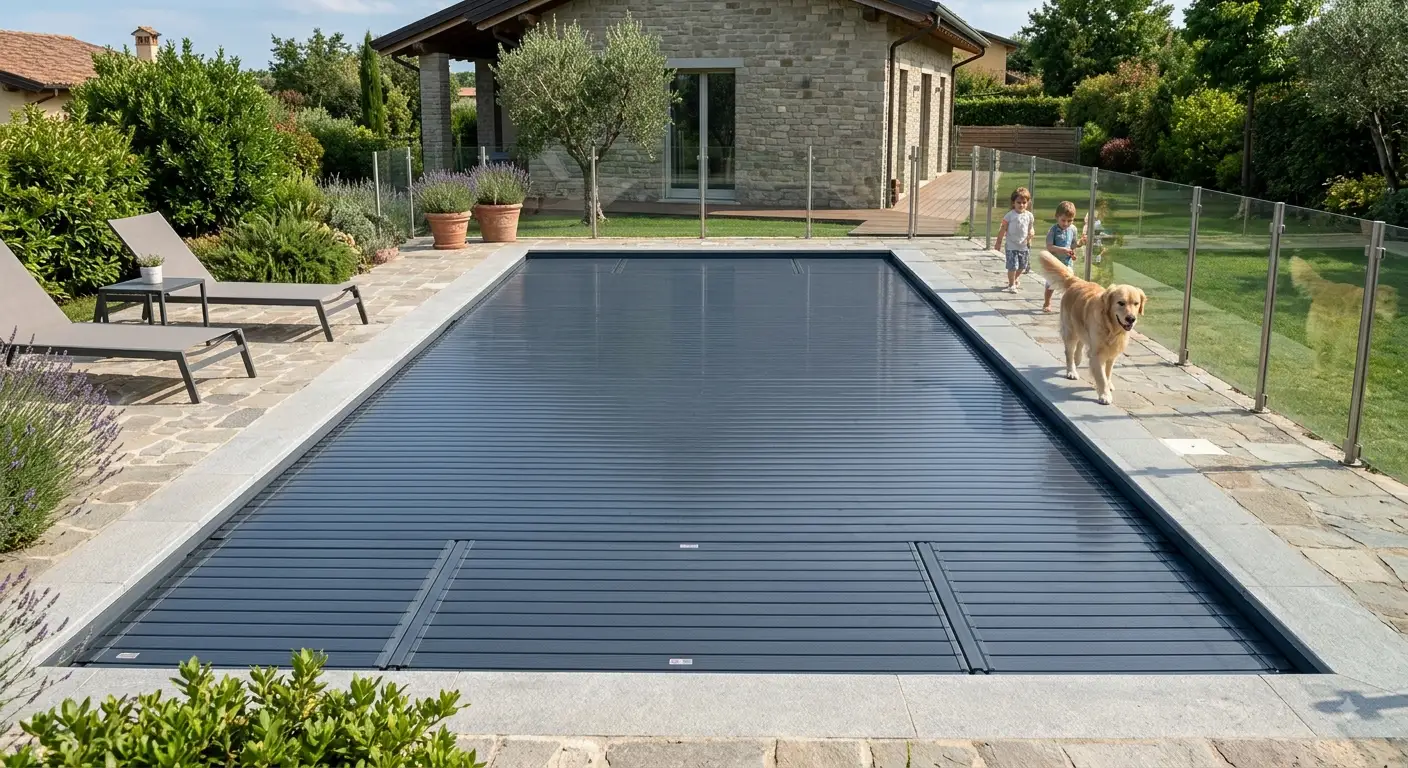 Una moderna piscina interrata in un giardino residenziale, completamente chiusa da una copertura di sicurezza rigida a tapparella di colore grigio scuro. Sullo sfondo, due bambini giocano e un cane cammina sul bordo, sottolineando la sicurezza fornita dalla copertura. La scena è illuminata da luce naturale e lo stile è fotorealistico.