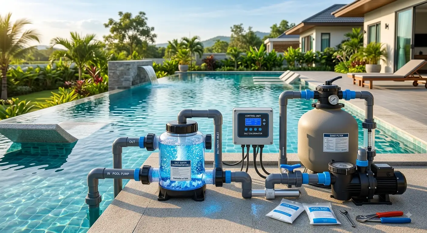 Sistema di elettrolisi al sale installato vicino a una piscina moderna con acqua cristallina illuminata da luce naturale