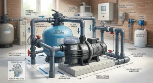 Schema grafico di installazione per pompa piscina professionale nel locale tecnico