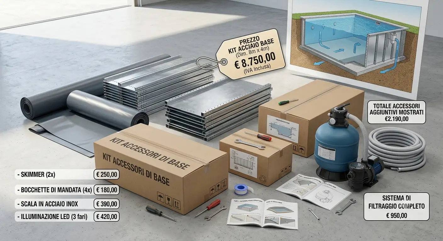 Kit piscina interrata in acciaio prefabbricata con dettaglio dei prezzi e accessori inclusi