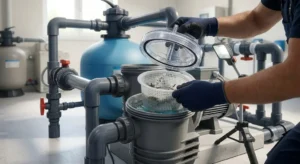 Pulizia del cestello prefiltro trasparente in una pompa piscina professionale