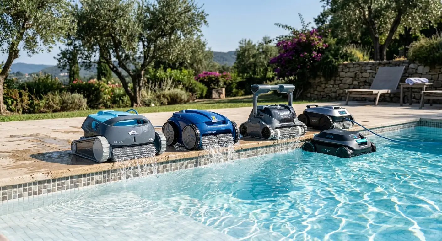 Confronto dei migliori robot pulitori per piscina del 2026 in funzione lungo il bordo vasca