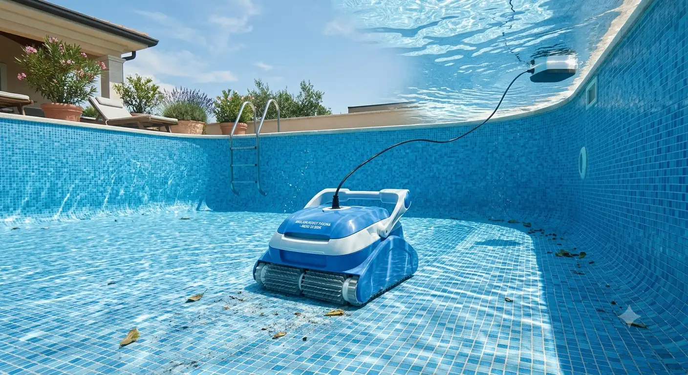 Panoramica del miglior robot piscina meno di 500 euro in azione sul fondo della vasca.