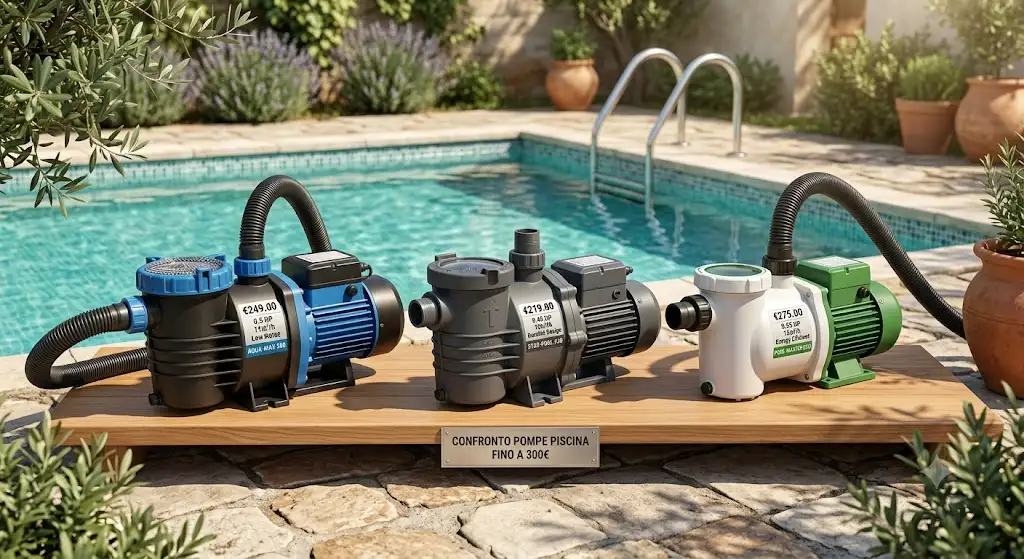 Confronto illustrato dei migliori modelli di pompa per piscina fino a 300 euro.