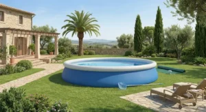 Piscina autoportante di forma tonda installata nello spazio esterno di una casa
