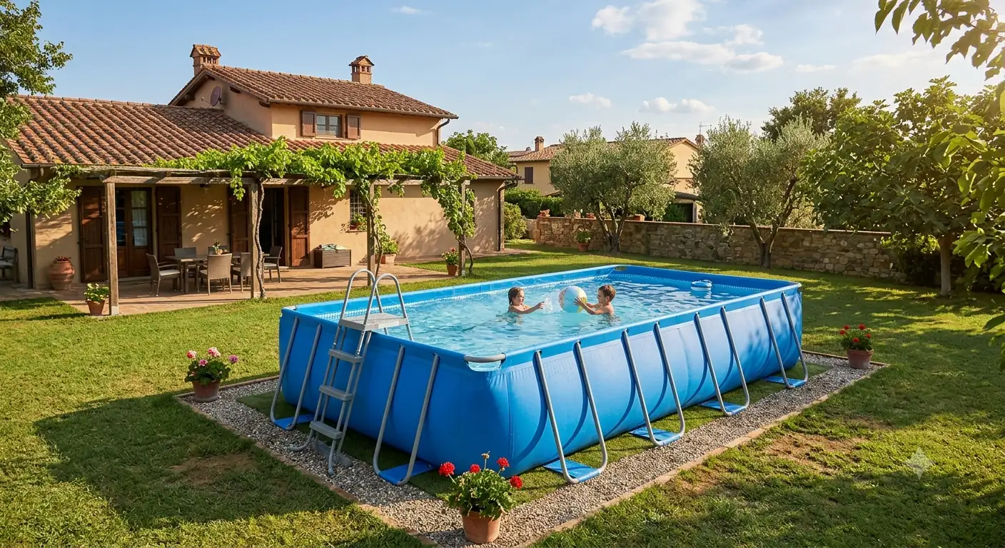 Piscina fuori terra economica installata nel giardino di casa con struttura tubolare