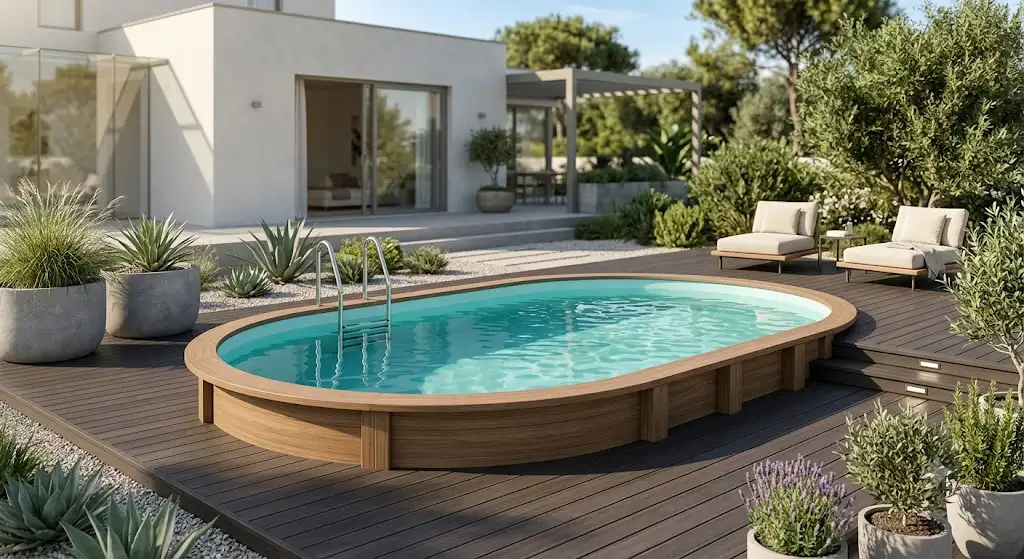 Piscina fuori terra ovale installata in un giardino moderno con pavimentazione in legno.