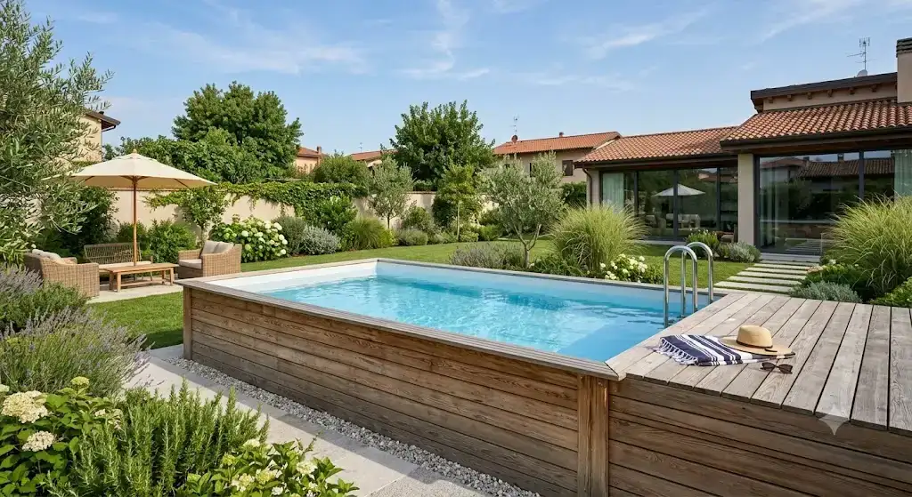 Piscina fuori terra rettangolare con rivestimento in legno installata in un giardino moderno