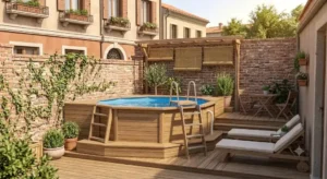 Piscina fuori terra rotonda integrata in una piattaforma in legno con area solarium