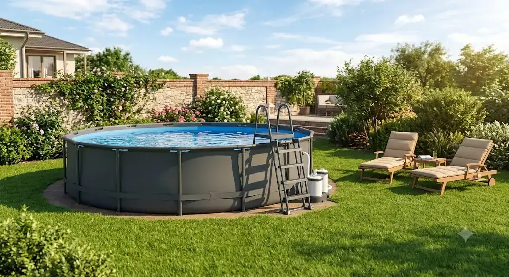 Piscina fuori terra rotonda installata in un giardino con prato verde e sedie a sdraio