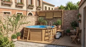 Piccola piscina fuori terra rotonda ideale per cortili e giardini di ridotte dimensioni