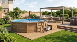 Piscina fuori terra rotonda con elegante rivestimento in legno per esterni