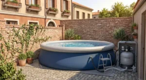 Piscina fuori terra rotonda dotata di scaletta d accesso e sistema di filtraggio a sabbia