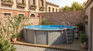 Piscina fuori terra rotonda rigida con struttura portante in acciaio resistente