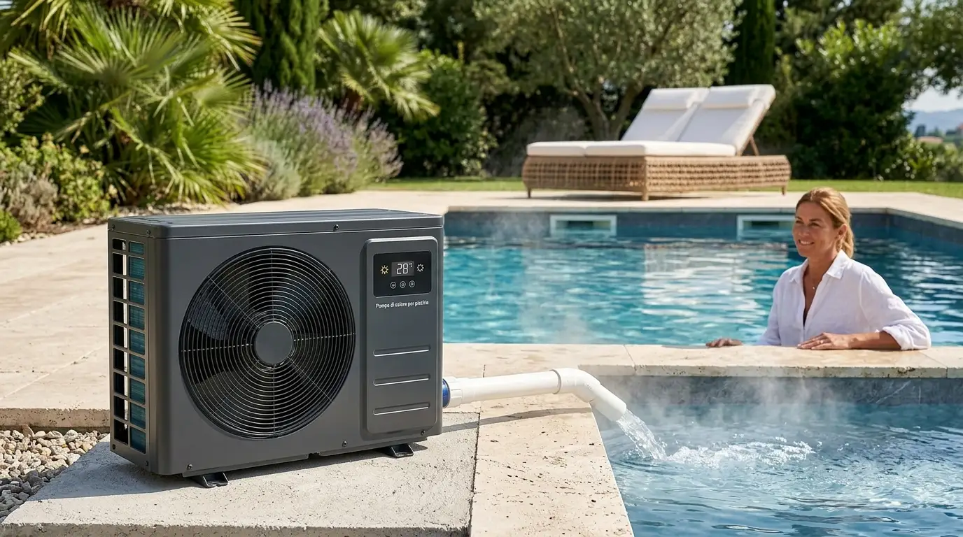 Una moderna pompa di calore per piscina installata all'esterno vicino al bordo piscina, che riscalda l'acqua in una giornata di sole.