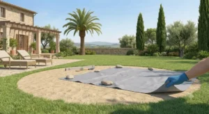 Preparazione del terreno livellato con tappeto base sotto la piscina autoportante