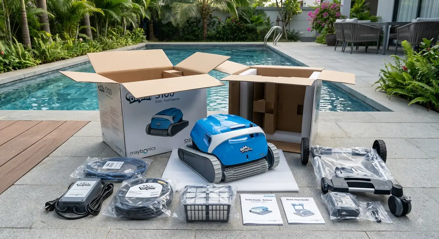 Unboxing e contenuto della confezione del robot per piscina Dolphin oggetto della recensione.