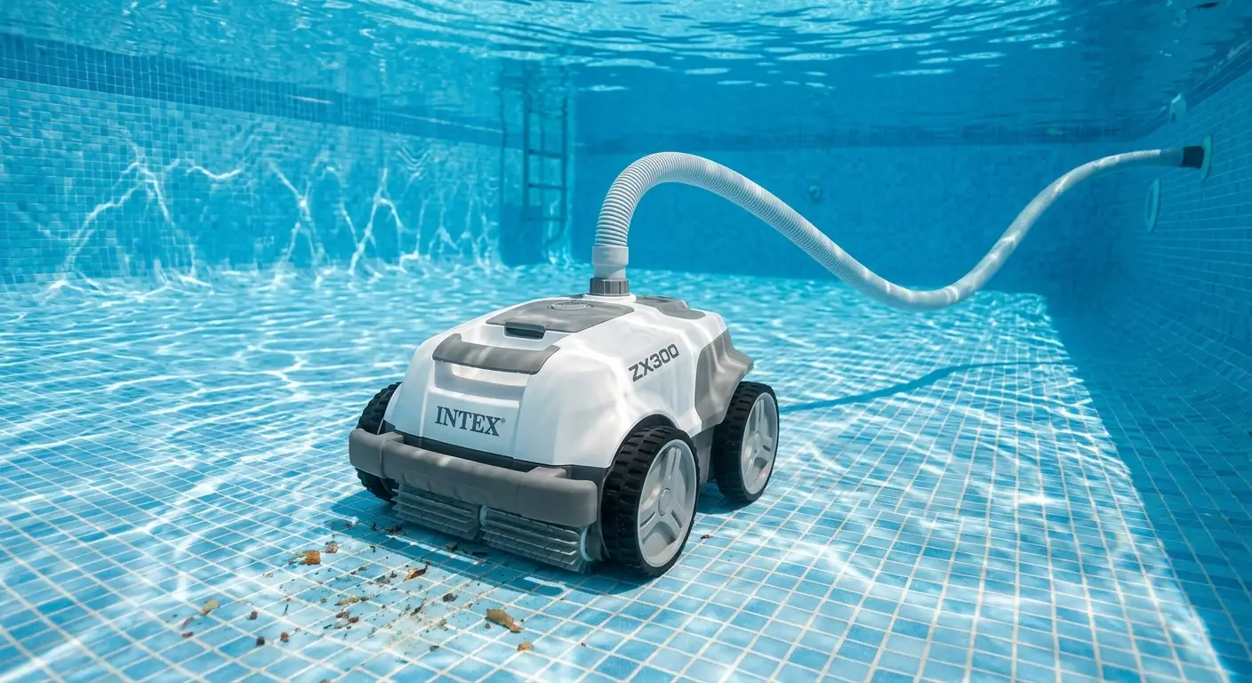 Robot pulitore Intex ZX300 in funzione sul fondo della piscina per la recensione dettagliata.