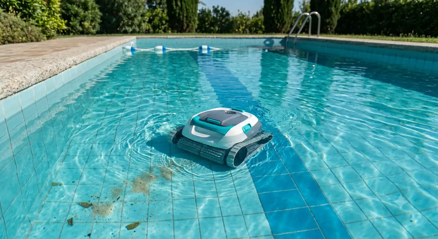 Robot piscina economico in funzione per la pulizia automatica del fondo della vasca.