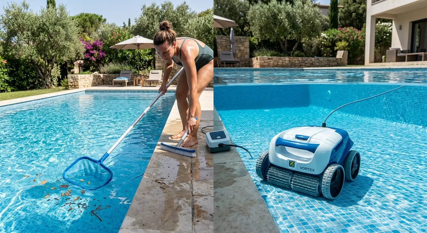 Confronto visivo tra l'uso di un robot per piscina automatico e la pulizia manuale con retino e spazzola