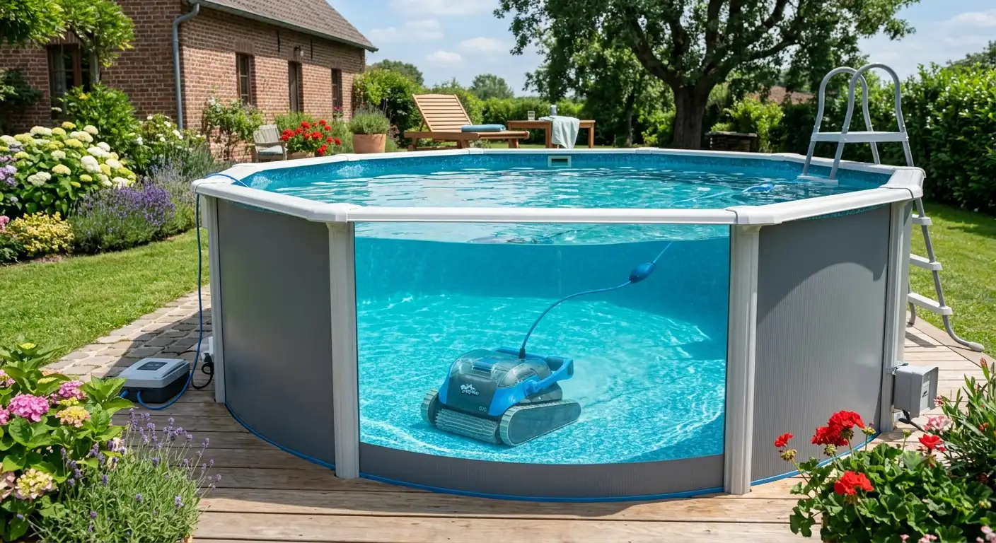 Robot pulitore per piscina fuori terra in funzione sul fondo della vasca in giardino.
