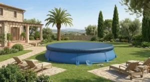 Telo di copertura protettivo applicato sopra una piscina autoportante da giardino