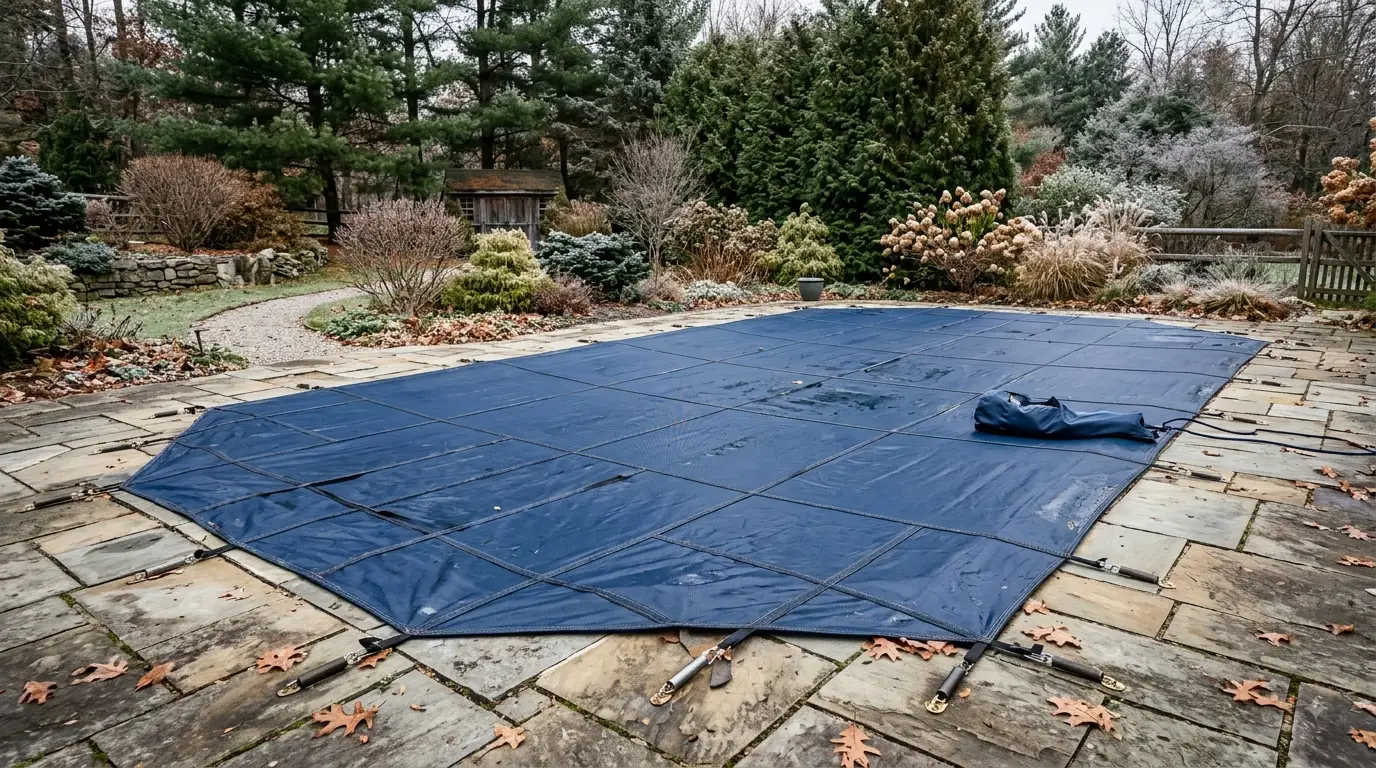 Telo copripiscina invernale ad alta resistenza ancorato saldamente su una piscina interrata in giardino.