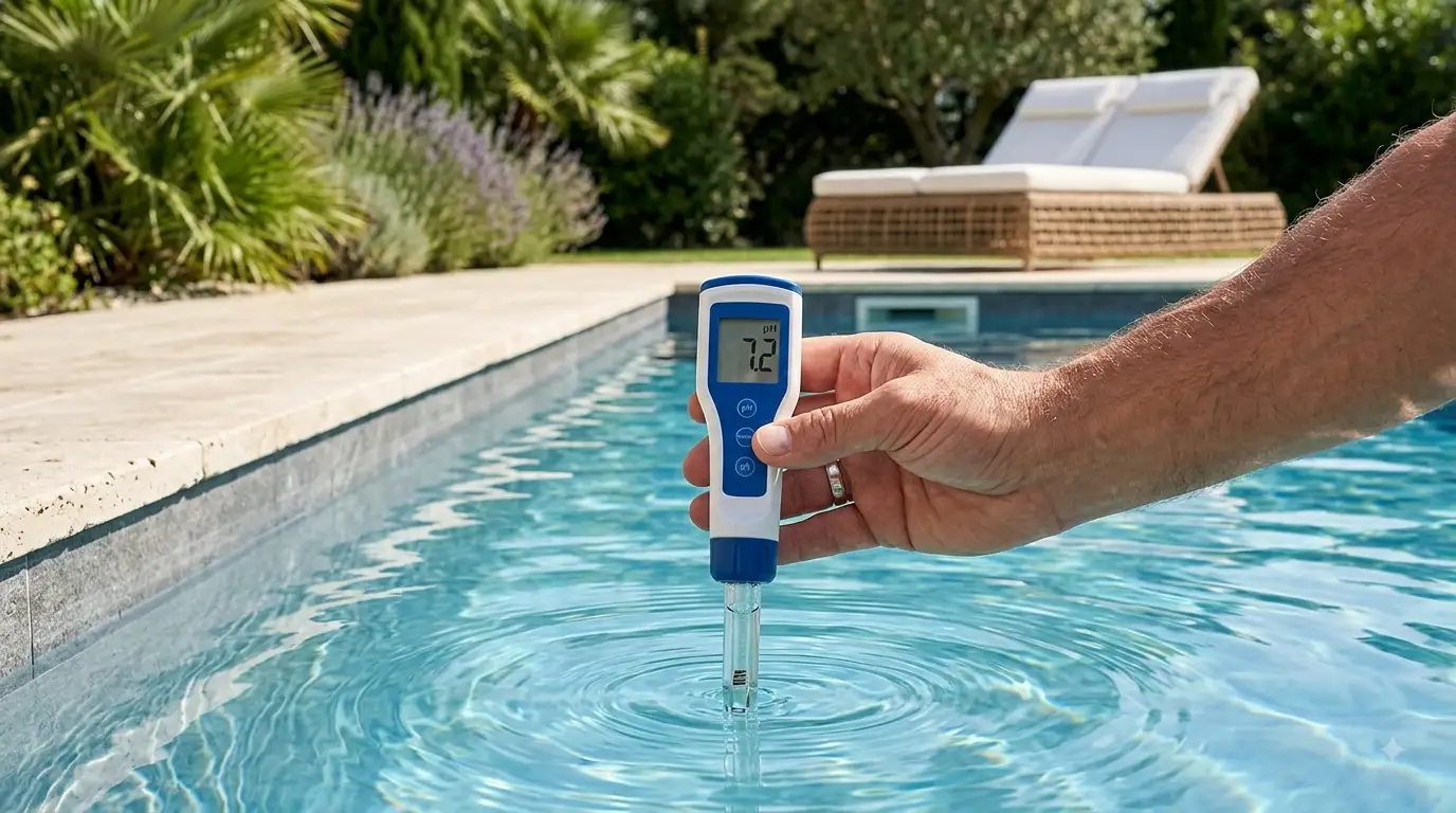 Un kit di test digitale per il pH della piscina viene immerso nell'acqua limpida e azzurra, mostrando una lettura chiara sullo schermo LCD digitale.