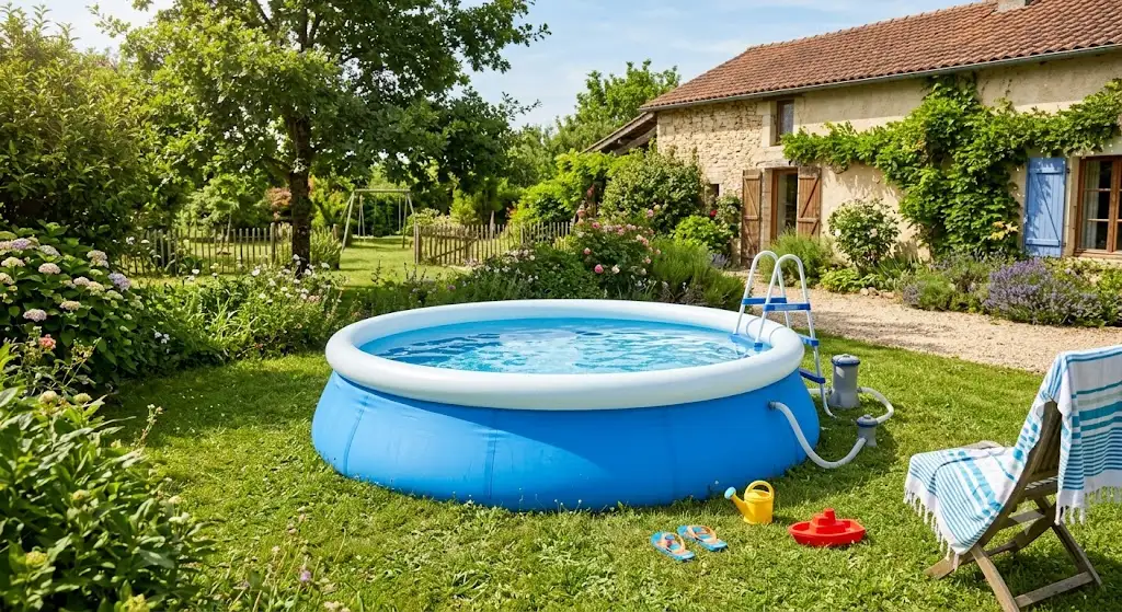 Petite piscine autoportante ronde installée sur une pelouse dans un jardin familial