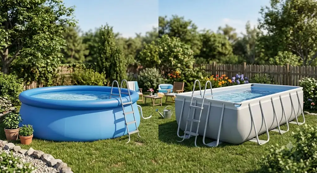 Comparatif visuel entre une piscine autoportante ronde et une piscine autoportante ronde ou rectangulaire dans un jardin.
