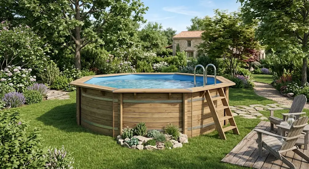 Piscine bois ronde hors-sol installée sur une pelouse dans un jardin verdoyant