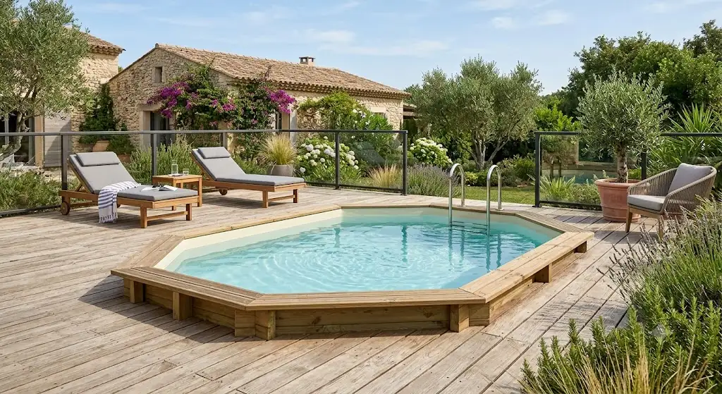 Piscine bois hors sol encastrée avec terrasse en lames de bois à niveau piscine bois avec terrasse