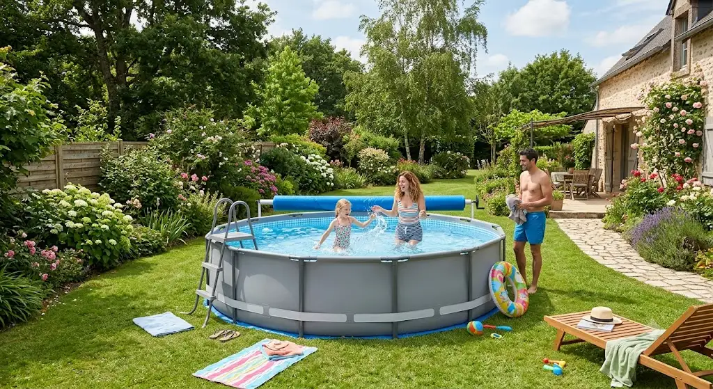 Piscine acier ronde hors-sol installée sur une pelouse verdoyante dans un jardin familial