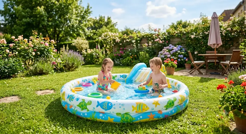 pataugeoire gonflable enfant installée dans un jardin ensoleillé