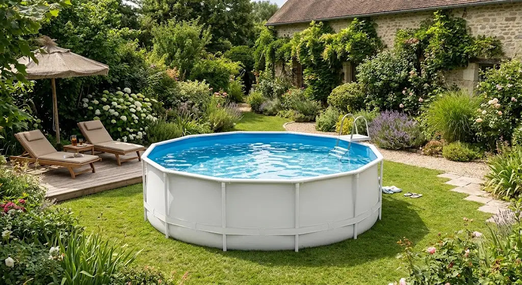 Piscine Gré ronde en acier blanc installée sur une pelouse de jardin