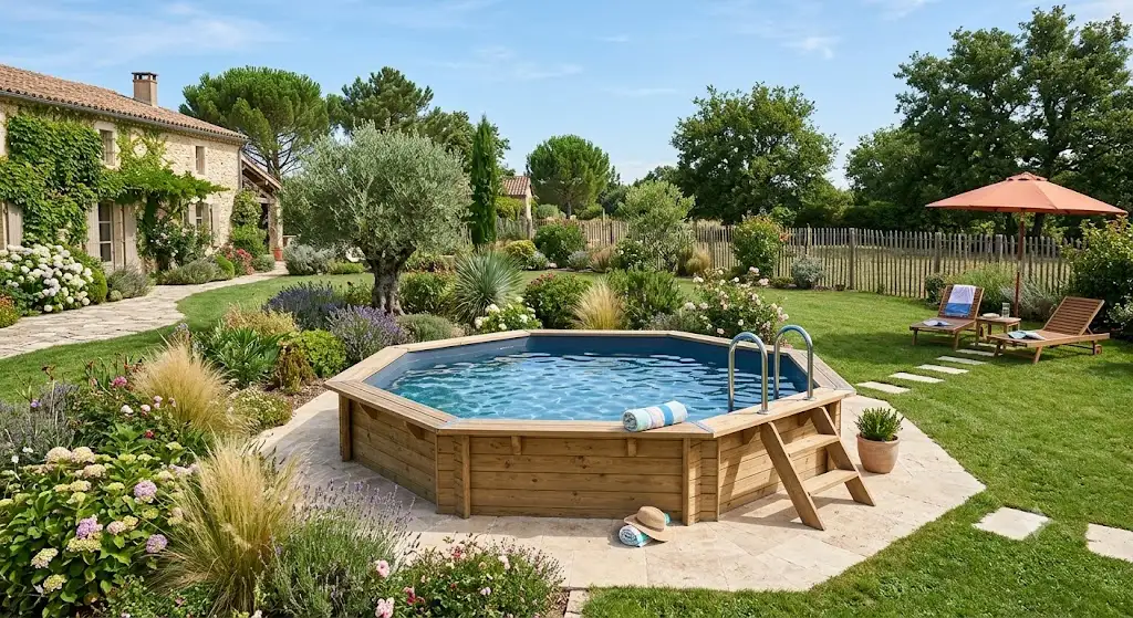 Piscine Ubbink en bois octogonale installée dans un jardin paysagé
